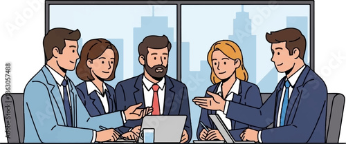 An illustration of five diverse business professionals in suits collaborating at a modern office meeting