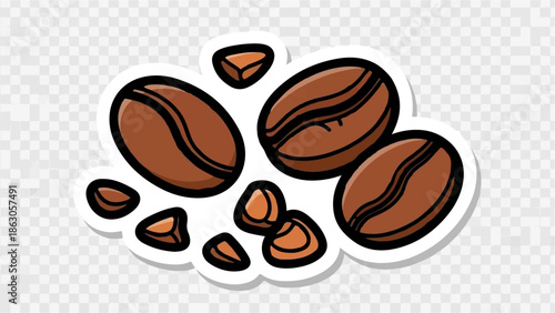 Cartoon-style illustration of scattered brown coffee beans with black outlines and a white border