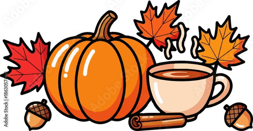 An illustration of fall items pumpkin, hot beverage in a mug, cinnamon stick, acorns, and colorful maple leaves