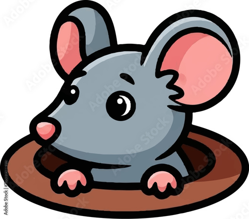 Adorable cartoon mouse peeking from its brown hole with pink accents