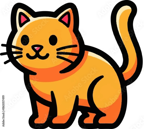 Adorable cartoon orange cat with whiskers and a curled tail, standing and looking forward