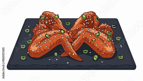 Delicious chicken wings appetizer with sesame seeds and green onions