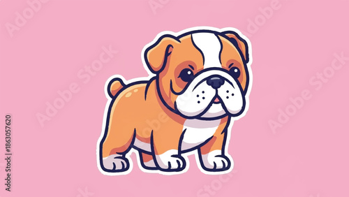 Adorable cartoon bulldog with orange and white markings on a pink background