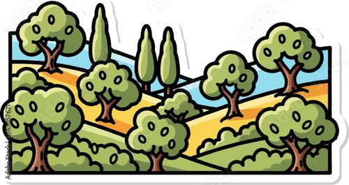 Cartoon-style rural landscape with green trees, bushes, golden fields, and a blue sky in a sticker format