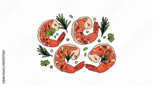 Delicious, colorful illustration of cooked shrimp arranged with herbs and spices