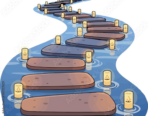 An illustration of a winding path of stepping stones across blue water, illuminated by floating lanterns