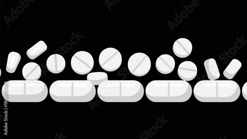 Collection of white oval and round pills scattered on a black background