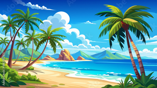 A tropical beach lined with tall palm trees swaying in the breeze, vibrant blue waters, and a cloudless sky