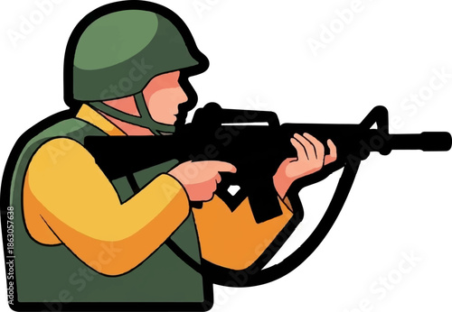 Cartoon-style soldier in green helmet and uniform aiming a rifle, profile view, ready for action