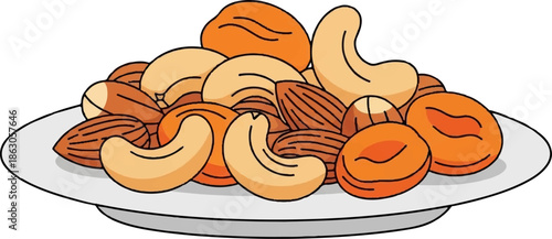 An illustration of a white plate filled with a variety of nuts, including cashews, almonds, and peanuts