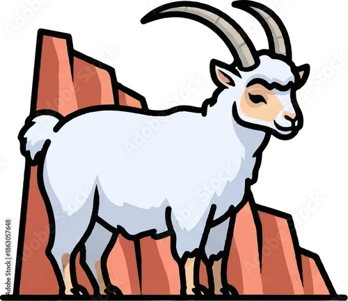 An illustration of a white mountain goat with large horns standing proudly on reddish rocks