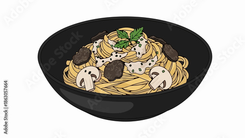 Delicious truffle pasta with mushrooms and parsley in a black bowl