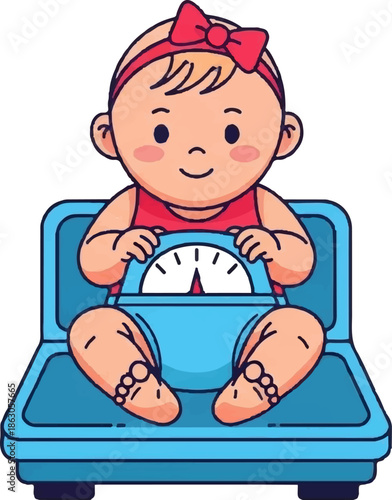 Adorable cartoon baby with a red bow sitting on a blue baby scale, smiling cheerfully