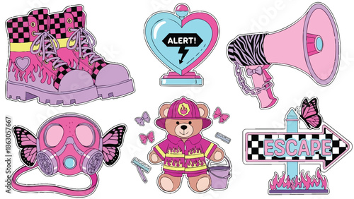 Colorful flat design firefighter teddy bear with butterfly wings gas mask boots and alert heart icon in pink and blue