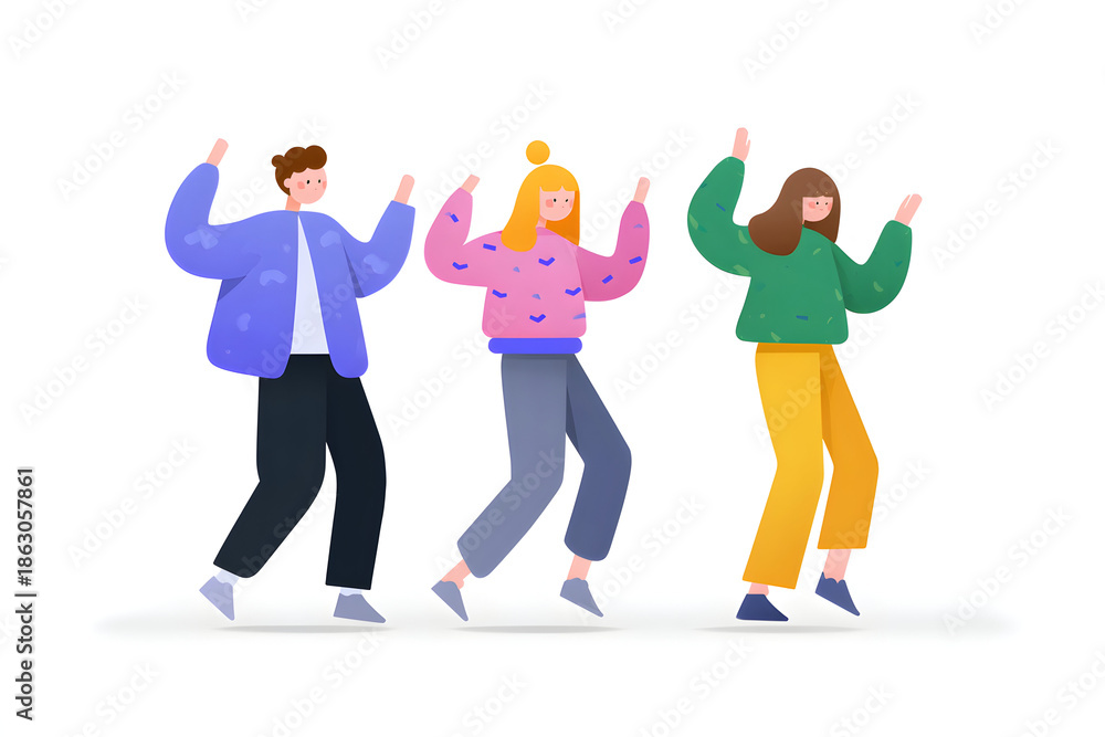 Obraz premium Dance of Joy: Animated figures in vibrant attire groove with uninhibited glee, expressing the sheer delight of movement and rhythm. 