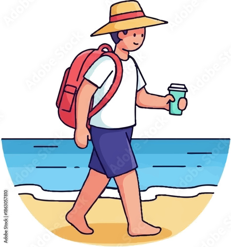 An illustration of a traveler wearing a hat and backpack, walking barefoot on a sunny beach, holding a drink cup