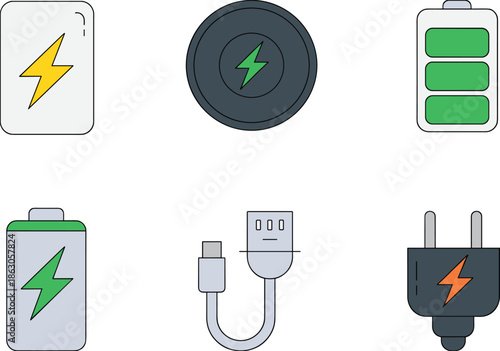 Battery charging icon set illustration, power energy charger wireless usb plug devices isolated on white background design elements