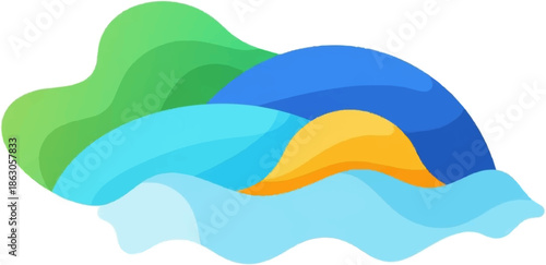 Abstract wavy shapes in green, blue, and yellow depict a stylized landscape or seascape illustration