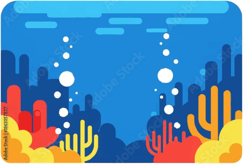 Colorful abstract underwater coral reef with rising bubbles and abstract shapes