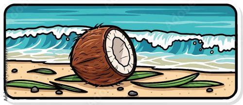 An illustration of a split coconut on a sandy beach with ocean waves rolling in the background