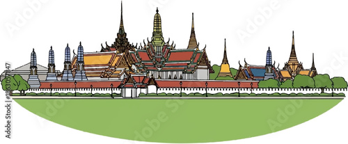 Detailed illustration of a grand temple complex with ornate spires and traditional architecture