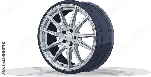 Detailed illustration of a sleek, modern vehicle wheel with a dark tire