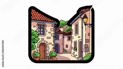 Charming cartoon street scene with old stone buildings, terracotta roofs, potted plants, and a streetlamp