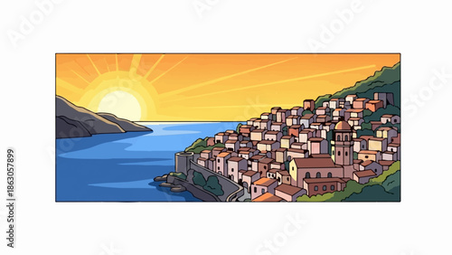 Charming pixel art coastal village with colorful buildings on a hillside overlooking the sea at sunset