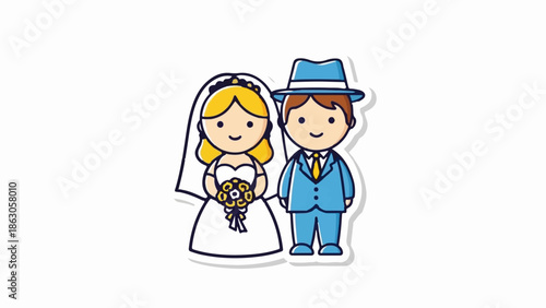 Cheerful cartoon couple in wedding attire with bouquet and hat