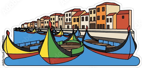 Colorful boats float on blue water in front of a row of quaint buildings