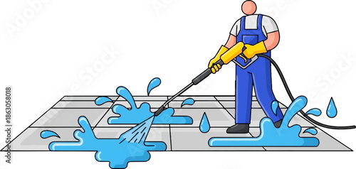 An illustration of a person in overalls and gloves pressure washing a paved surface with water