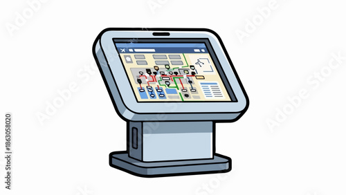 Digital kiosk displays a schematic map with routes and stations