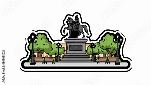 An illustration of a park square with a central equestrian statue, trees, benches, and streetlights