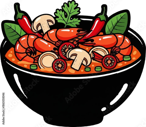 Colorful bowl of steaming spicy soup with shrimp, chili, mushrooms, and herbs