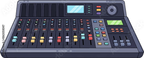 Digital sound mixing console with numerous sliders, knobs, and screens
