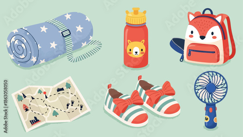 Colorful vector art of rolled sleeping bag with star print, animal face water bottle, fox backpack, striped bow shoes, hiking map, and handheld fan set