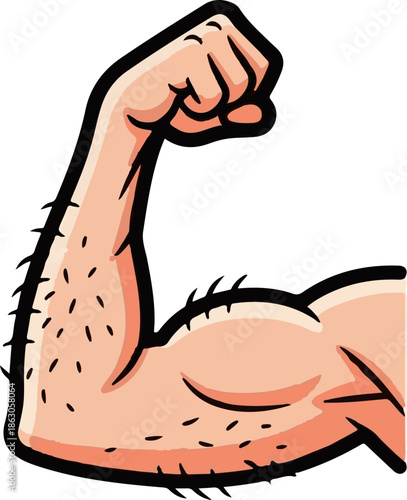 An illustration of a muscular arm flexing a bicep, showing strength, physical power, and determination