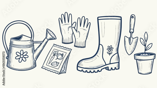 Hand drawn gardening tools set including watering can, gloves, rubber boots, seed packet, trowel, and potted plant in sketch style