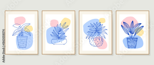 Set of flowers and leaves floral sketch line art with abstract shapes in modern vector design for prints, poster, wall art and decoration.