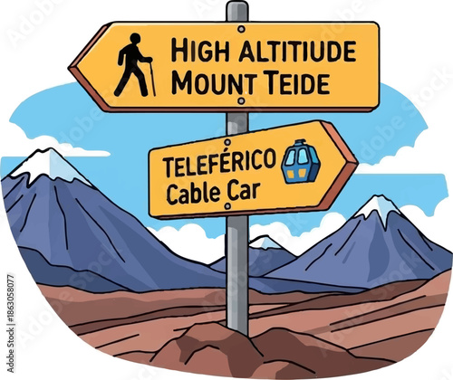 Directional signs point to high-altitude mountains and a cable car with a scenic landscape