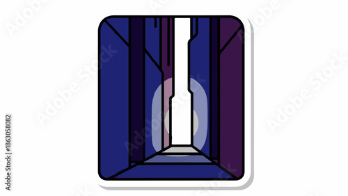 Abstract, stylized icon featuring a dark blue and purple futuristic corridor with a central bright light