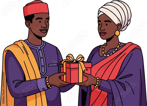 An illustration of a man and woman in traditional attire exchanging a red gift box with a bow