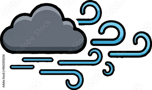 An illustration of a dark grey cloud with varying blue wind gusts blowing strongly across a white background