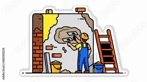 An illustration of a construction worker plastering a brick wall with mortar, surrounded by tools