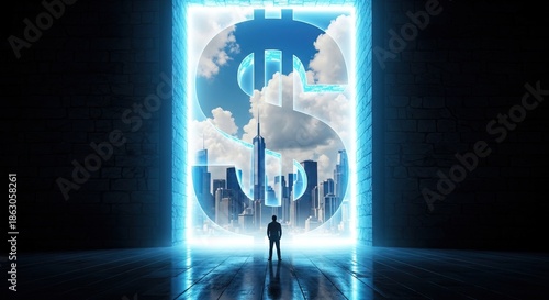 A person stands before a glowing portal displaying a futuristic cityscape amidst clouds and technology