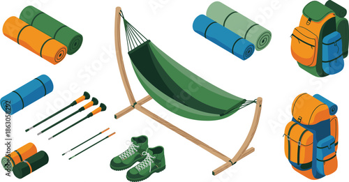 Camping and hiking gear illustration set, backpack hammock sleeping mats trekking poles boots isolated on white background