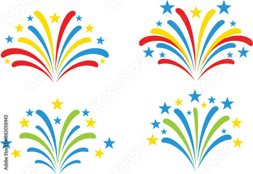 Colorful fireworks and stars illustration set, festive celebration burst design isolated on white background