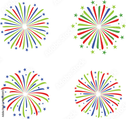 Colorful fireworks burst illustration set, festive celebration star explosion holiday decoration isolated on white background design