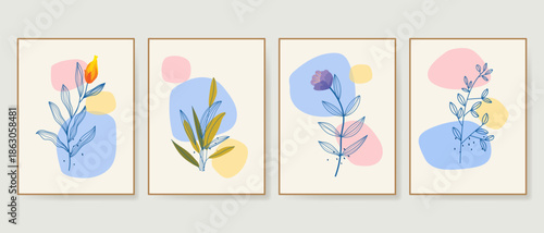 Set of flowers and leaves floral sketch line art with abstract shapes in modern vector design for prints, poster, wall art and decoration.
