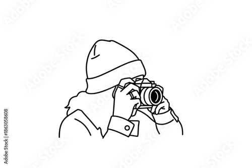 Photographer taking photo with camera line art vector illustration.